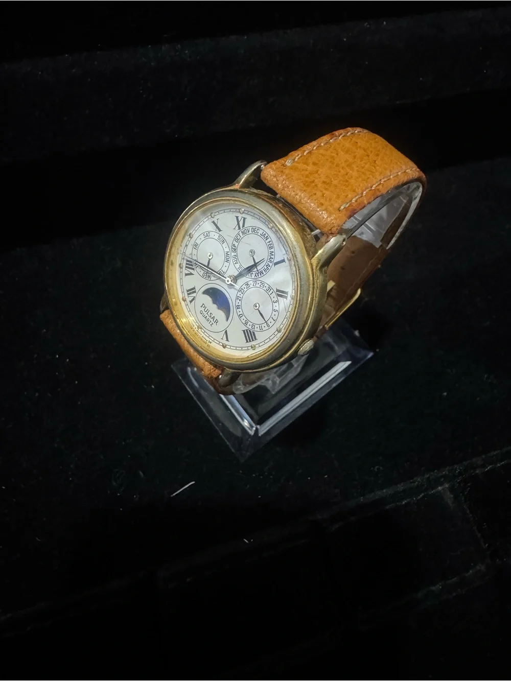 Pulsar White Dial Moonphase Watch with Tan Leather Strap